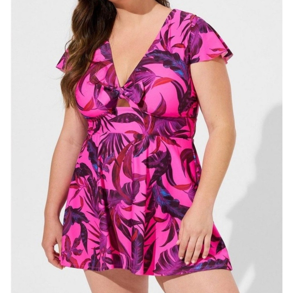 Torrid Tropical Palm Print Swimdress Pink Purple V-Neck Flutter Sleeve Swimsuit